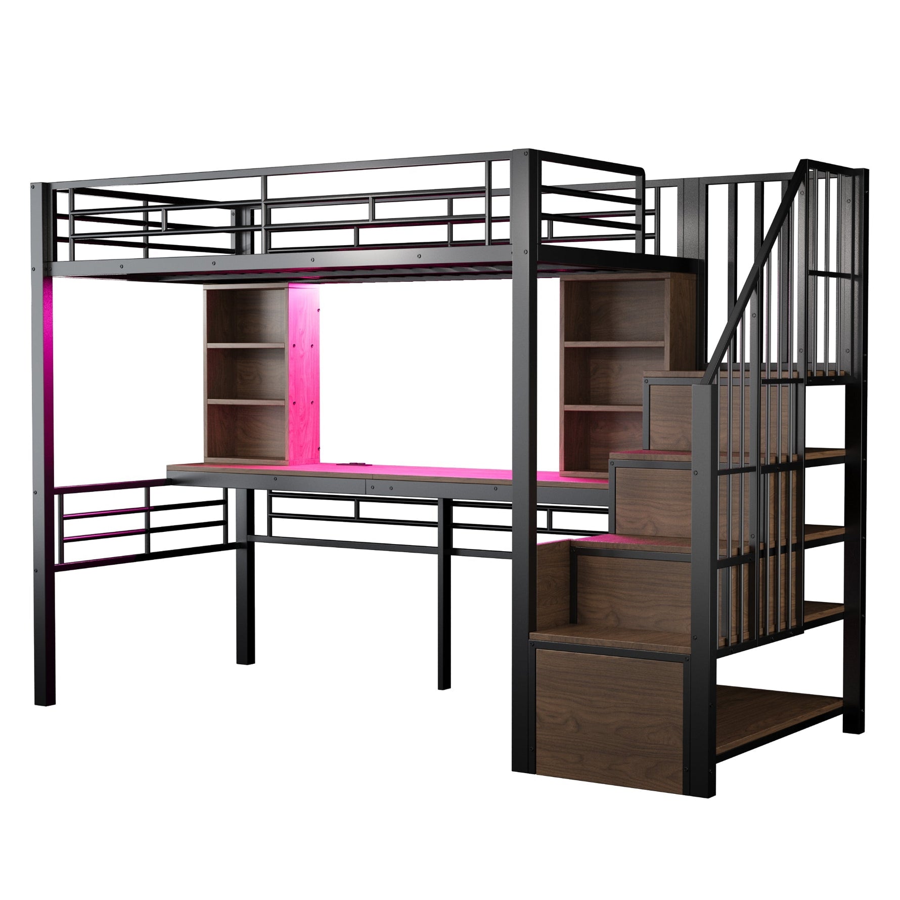 Loft Bed with Desk, Storage Stairs, LED and Socket, 90x200cm, Black Iron