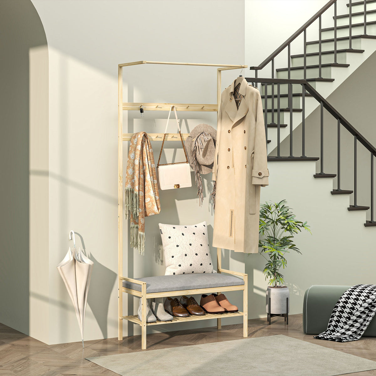 Coat Rack with Shoe Bench, Hooks, Shoe Rack, Seat Cushion, Bamboo, Natural