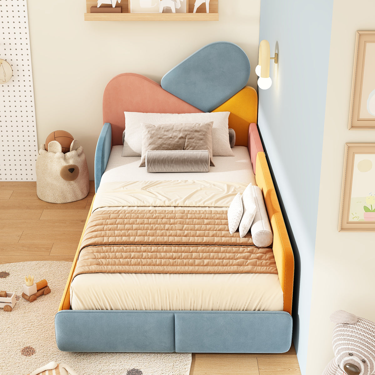 Children's Upholstered Bed 90x200cm with Fall Protection, Multicolour