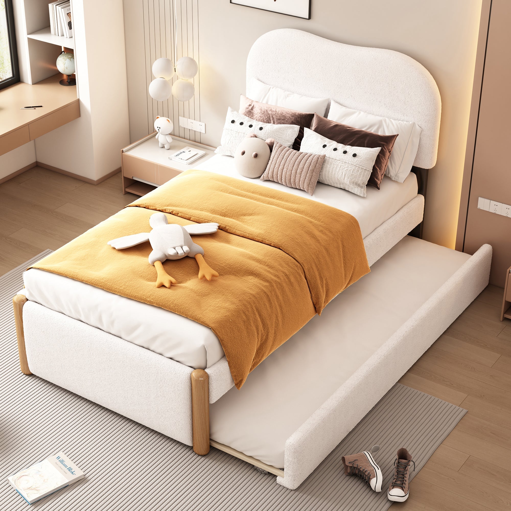 Upholstered Flat Bed with Pull-Out Trundle, 90x200cm, White Velvet