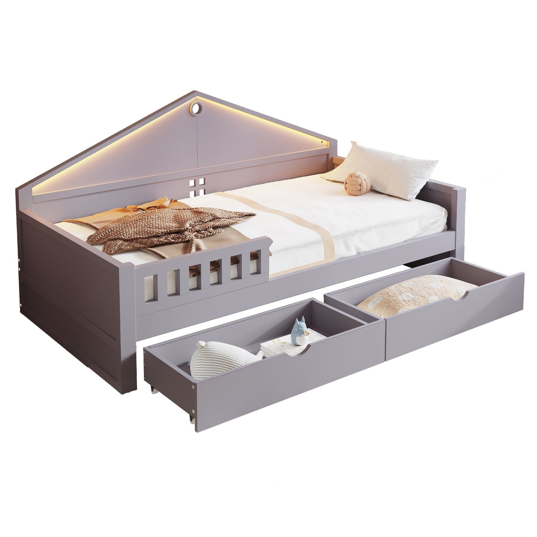 Children's Bed with LED Light Strip and Storage Drawers, 90x200 cm, Grey