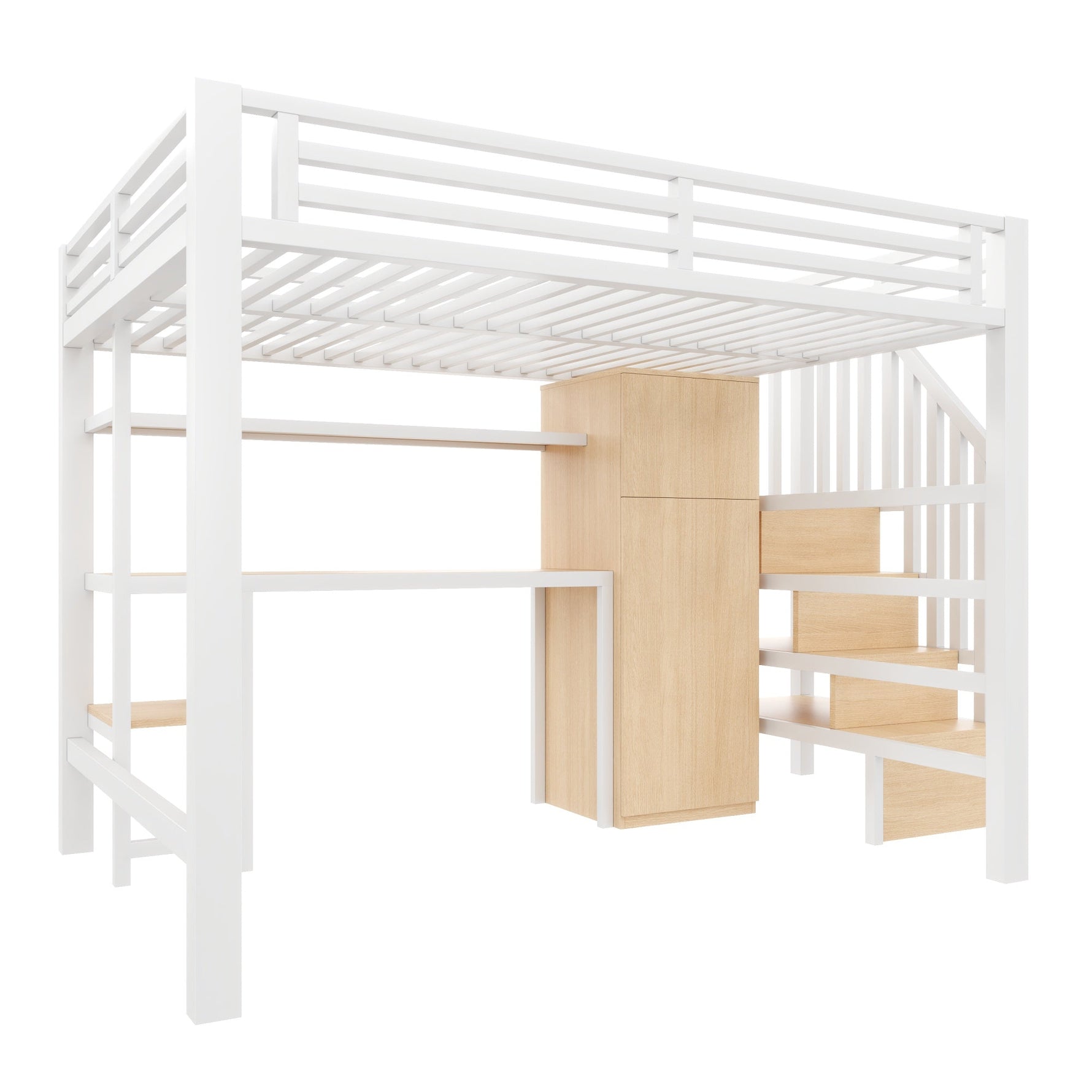Metal Loft Bed with Desk, Shelf, Wardrobe and Storage Stairs, 140x200cm, White