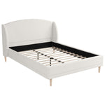Upholstered Bed 140x190 cm with Winged Headboard and Slatted Base, Ivory White Bouclé Fabric