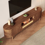 Modern TV Cabinet Rattan Drawers Open Shelves Rounded Top Wood Look Metal Legs