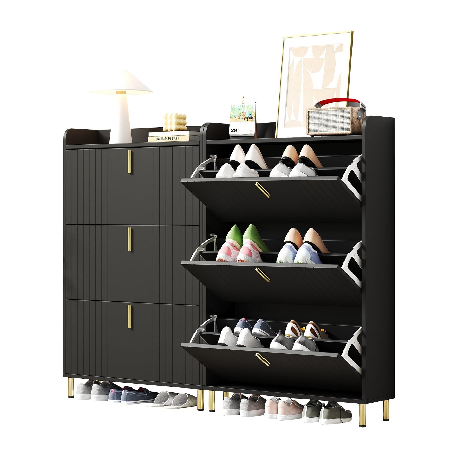 Set of 2 Shoe Cabinets with 6 Adjustable Compartments and Anti-Tip Device, Black