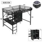 Iron Loft Bed with Desk, Storage and Wardrobe, Black Iron and MDF, 140x200cm
