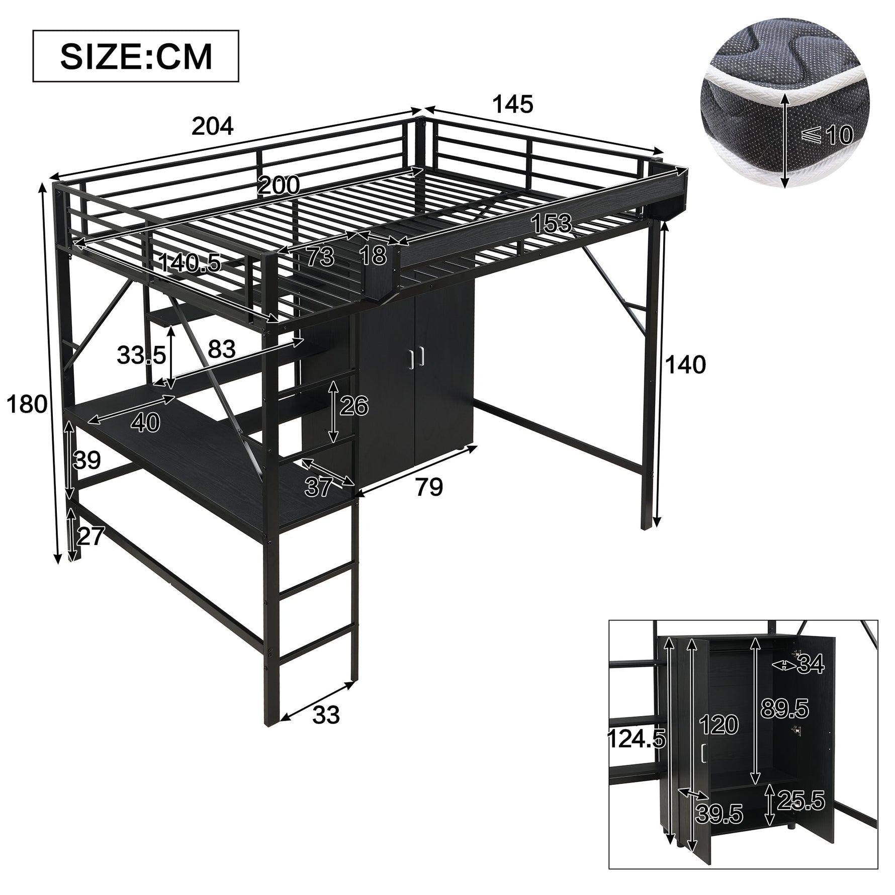 Iron Loft Bed with Desk, Storage and Wardrobe, Black Iron and MDF, 140x200cm