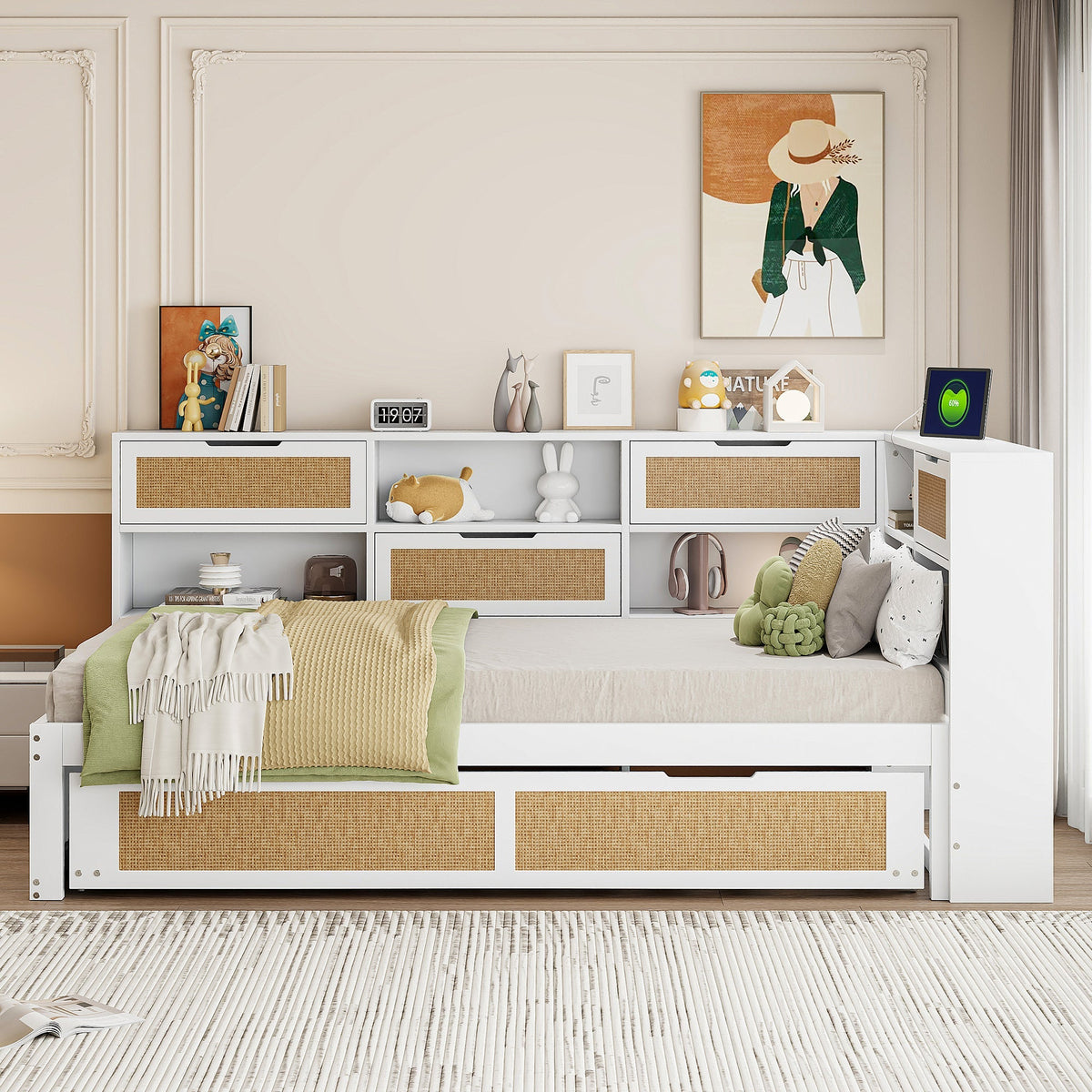 Sofa Bed, Wooden 90*200 Pull-out Multifunctional Single with Storage & Charging Port, White
