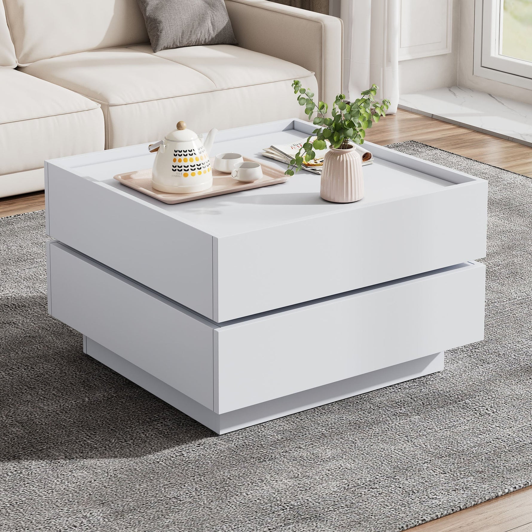 Coffee Table, Functional 360° Rotating with 2 Shelves & Storage, Pure White