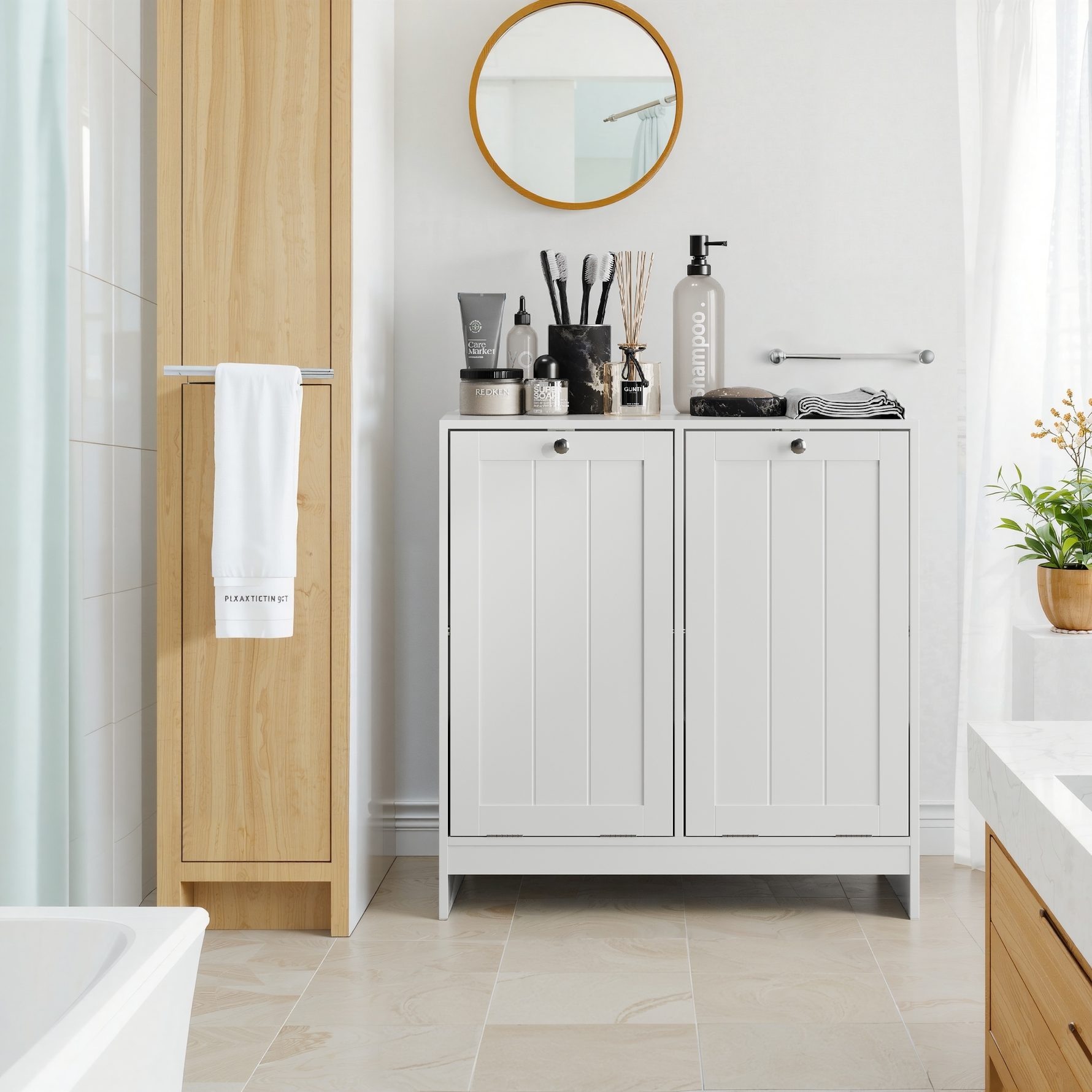 Tilting Laundry Basket Cabinet with Removable Hamper and Storage, Freestanding Bathroom Organizer, White MDF
