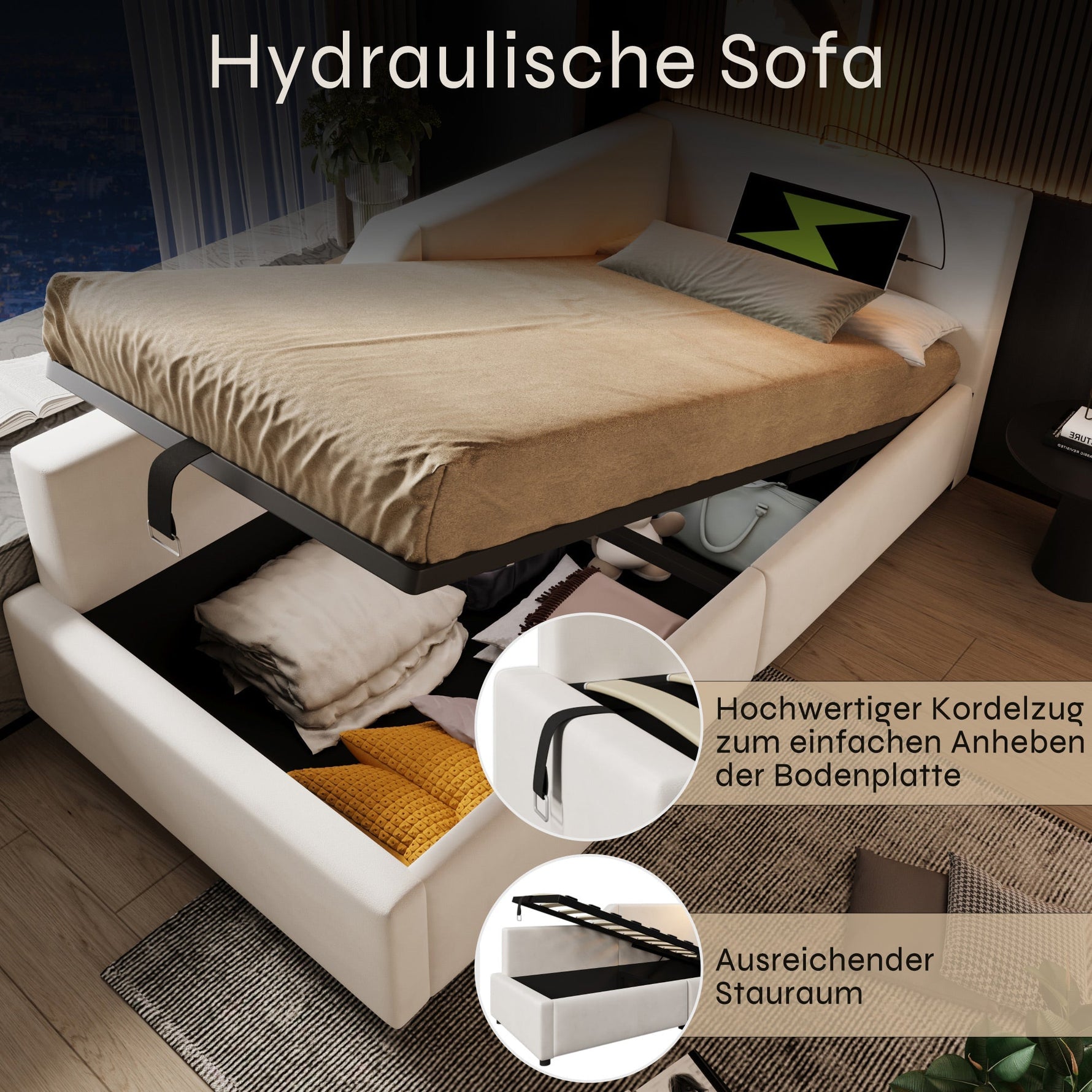 Daybed, 90x200cm Sofa with Hydraulic Storage, Reading Light & USB-C, Velvet Beige
