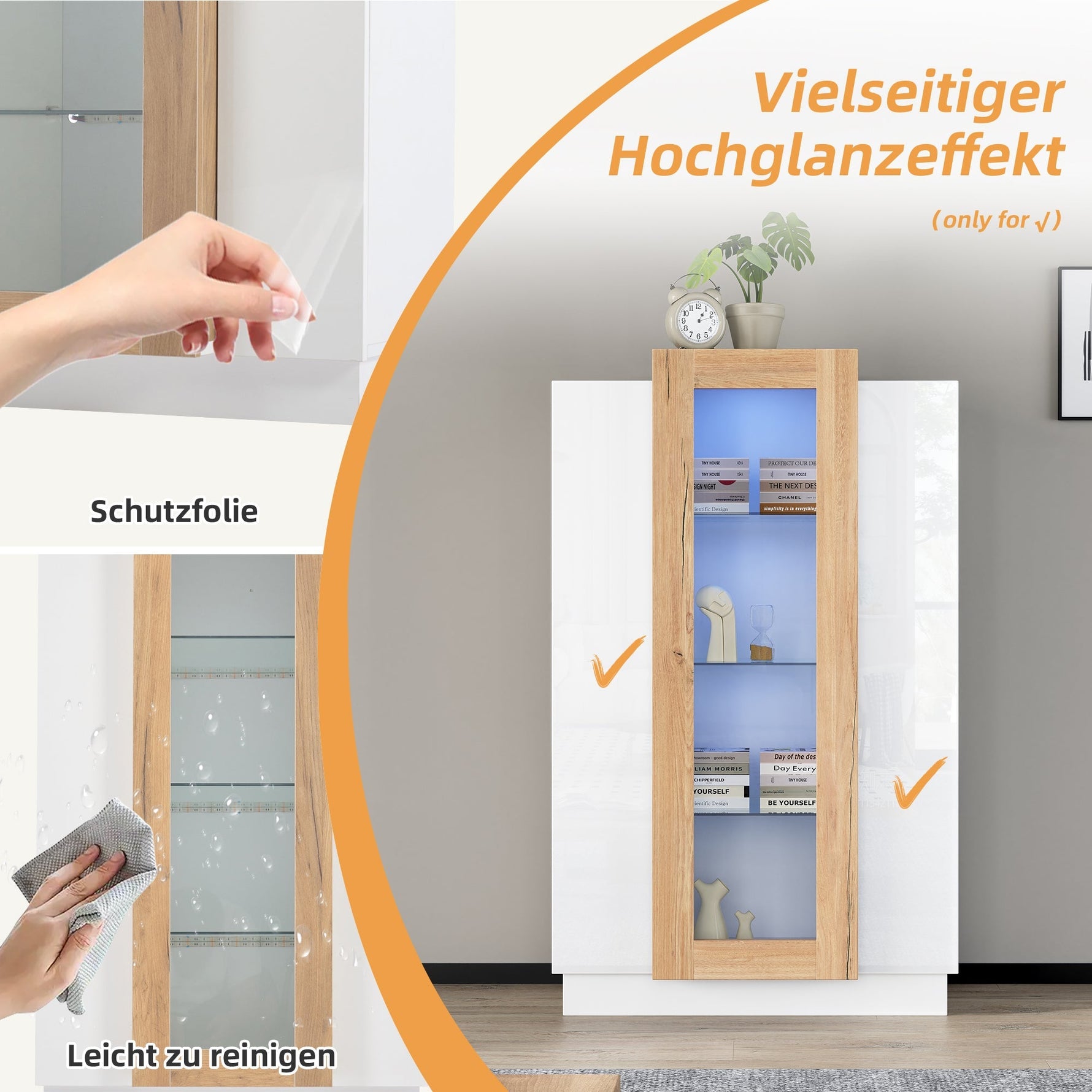 Living Room Cabinet, 3-Door High-Gloss LED Display, Glass Shelves & Drawer, Transparent