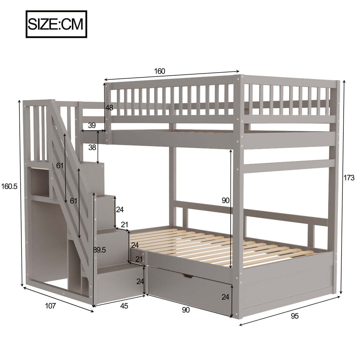 Bunk Bed, 90*200cm, High Safety Rail, Slatted Frame, Storage Ladder & Drawers, Solid Wood Grey