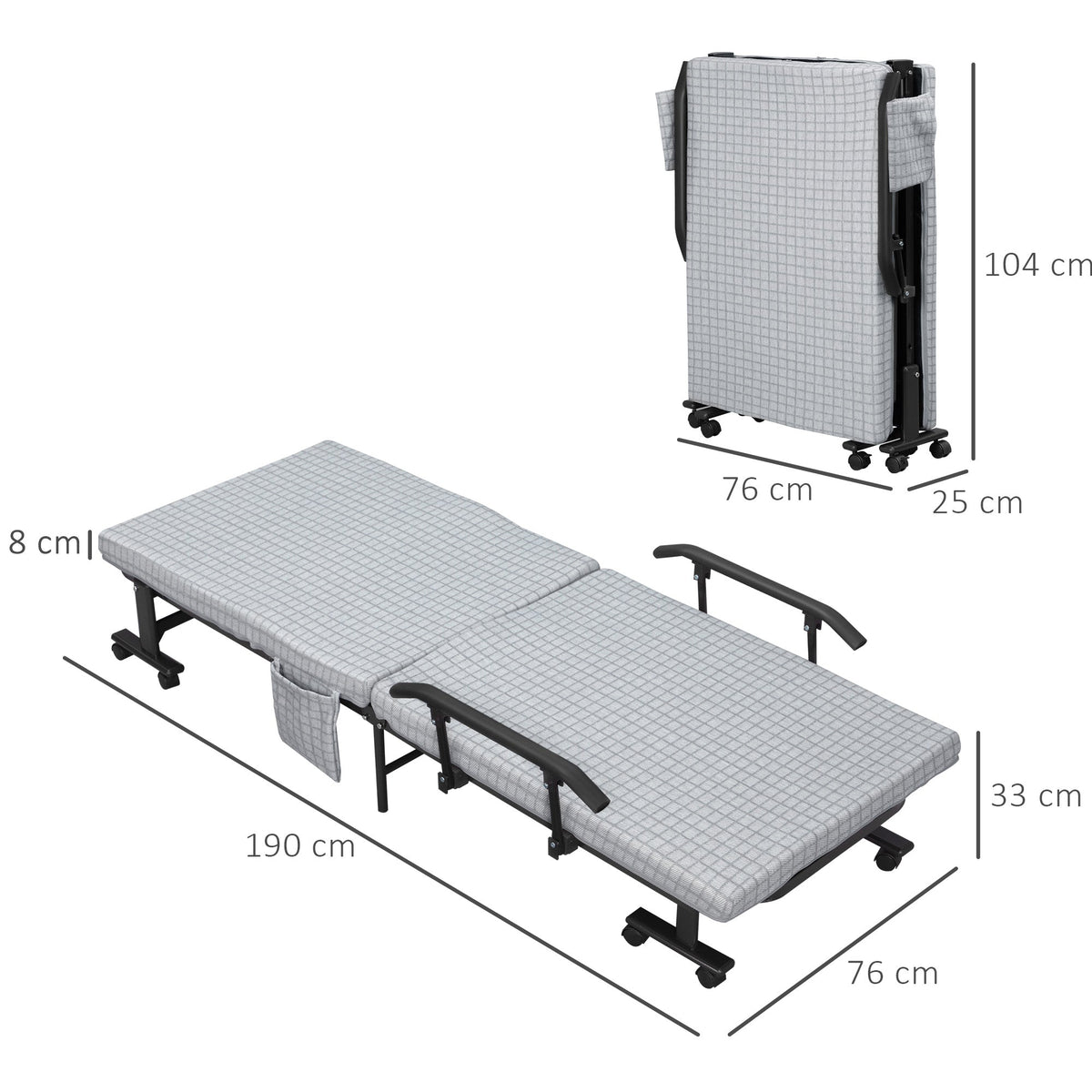 Folding Guest Bed, Adjustable Backrest, Wheels, Steel Frame, Light Grey/Black, 190x76x33cm