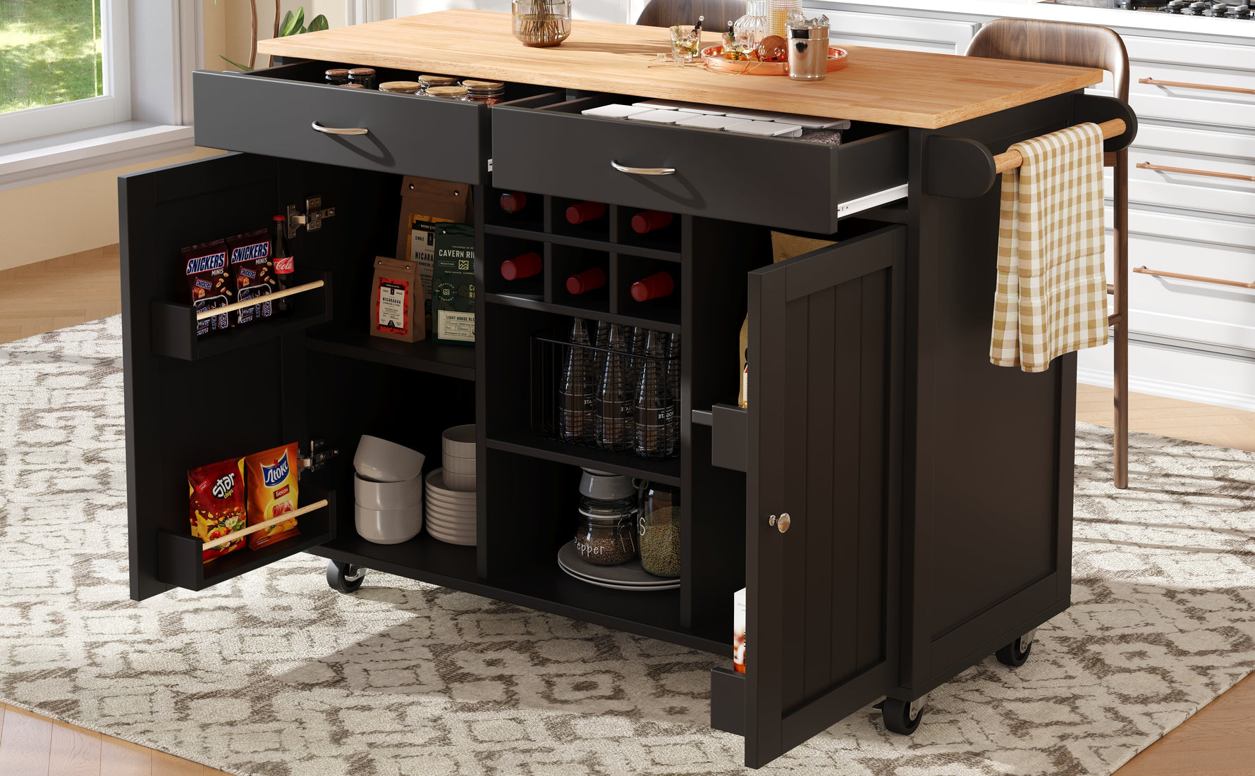 Modern Kitchen Island 102cm Dining Cart Storage - Black
