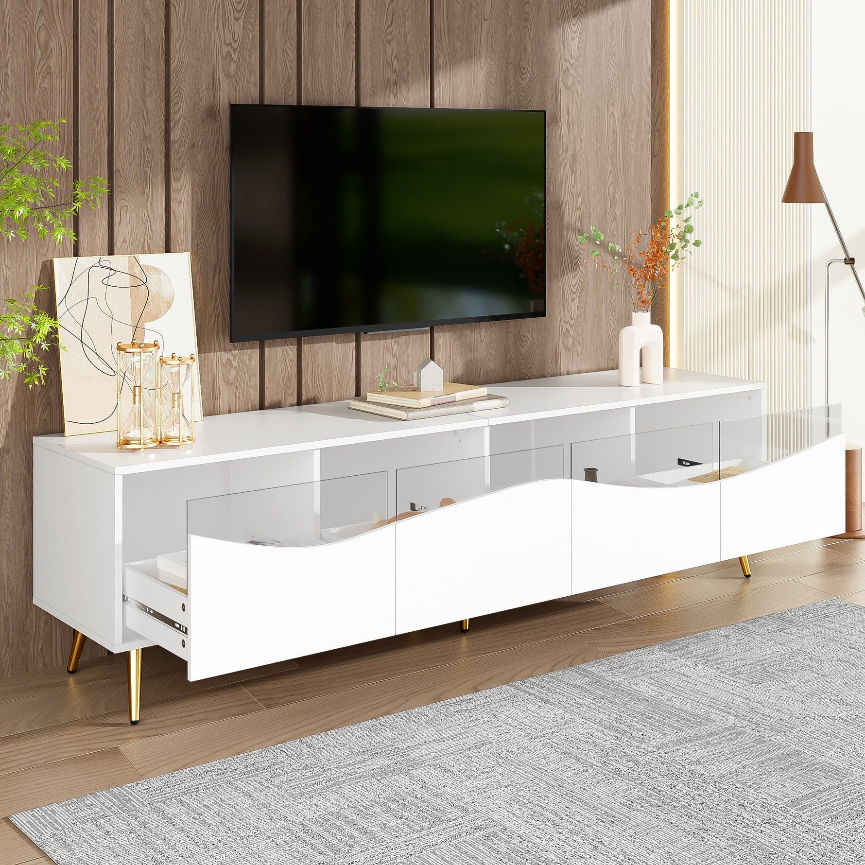 Modern TV Cabinet 180x50cm LED Lighting Glass Front Storage Lowboard White Gold Metal