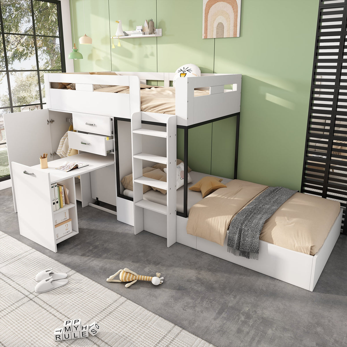 Children's Bunk Bed with Pull-out Desk, Wardrobe, Storage, White