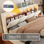 Upholstered Bed 140x200 with Hydraulic Storage & LED, Beige Velvet