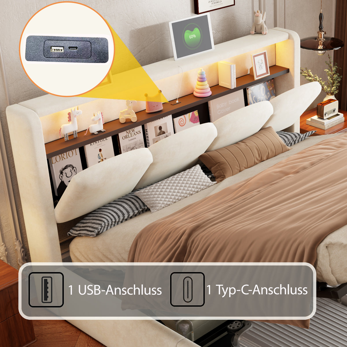 Upholstered Bed 140x200 with Hydraulic Storage & LED, Beige Velvet