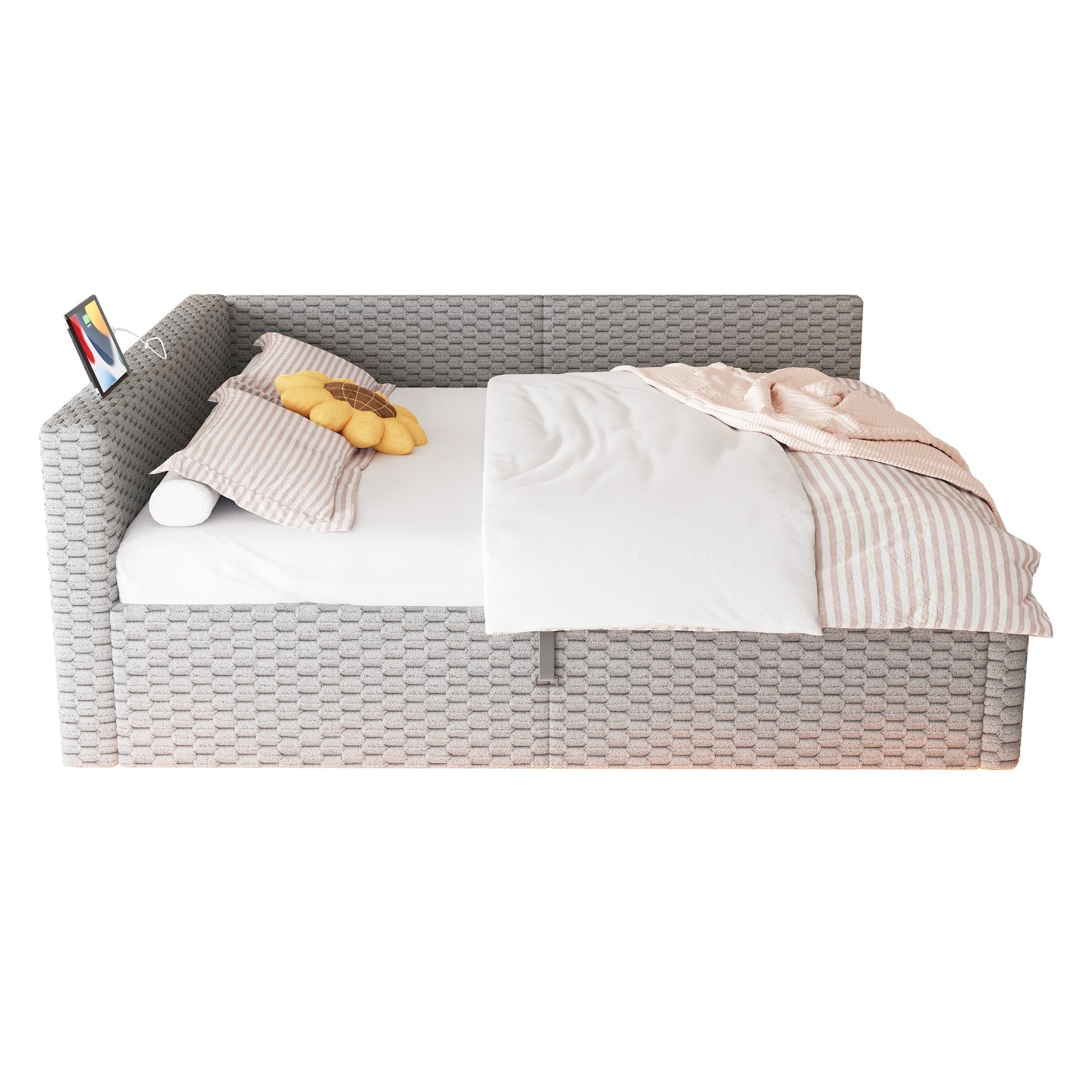 Upholstered Bed with LED, USB-C/USB and Hydraulic Storage, 140x200cm, Grey Velvet