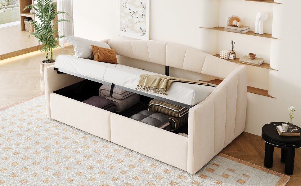 Upholstered Single Sofa Bed 90x200cm Hydraulic Storage Armrests Striped - Velvet Beige