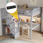 Solid Wood Loft Bed 140x200 with Desk, Storage & LED, Grey
