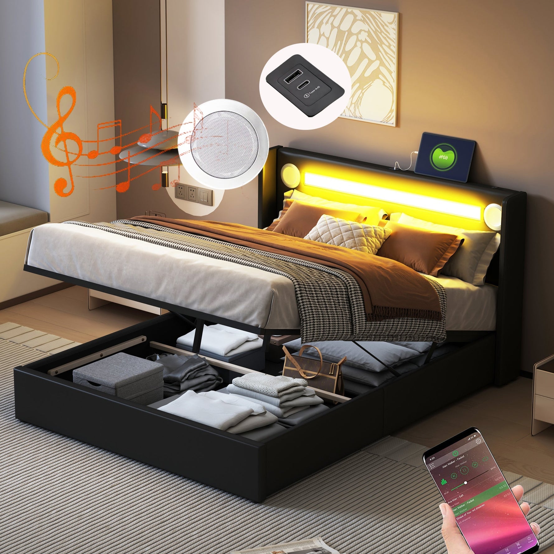 Upholstered Bed, 160x200cm LED & Bluetooth Storage, Black PU Leather