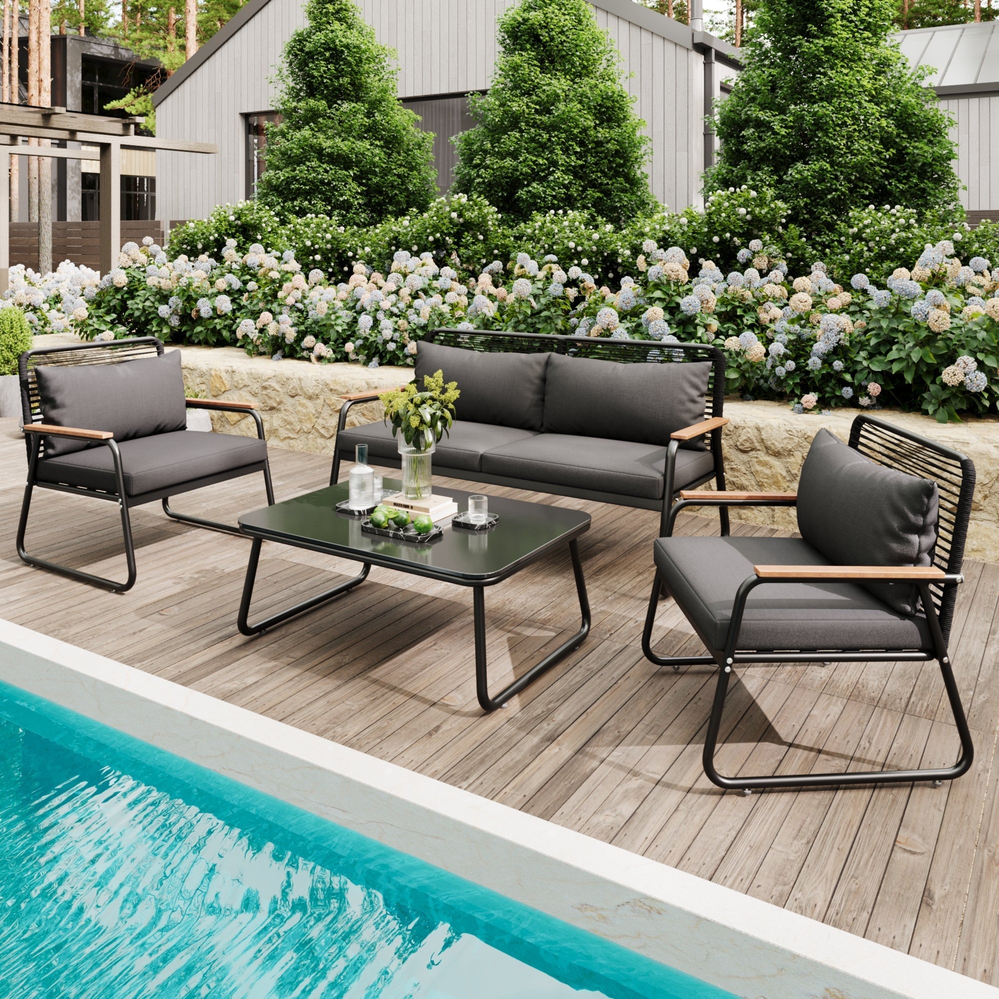 Garden Lounge Set Sofa & Table for 4 Galvanized Iron Tempered Glass - Black