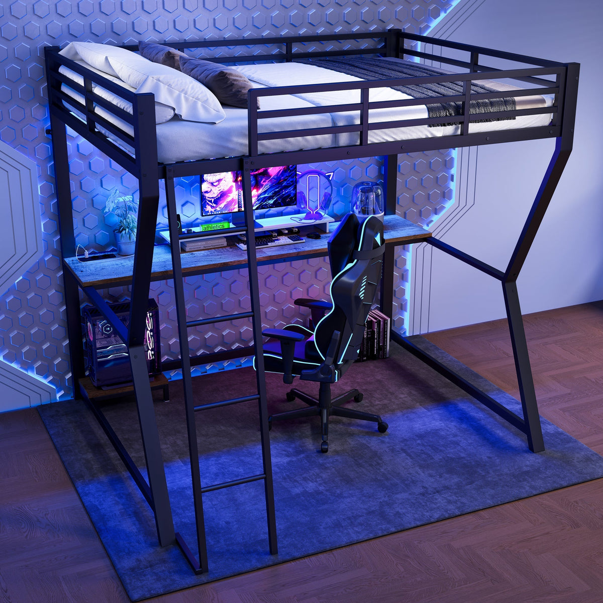 Loft Bed 140x200cm Desk Console Shelf LED USB/Power Stairs - Black