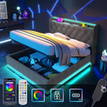 Upholstered Bed, 360 LED Hydraulic Storage with USB, Gray Linen