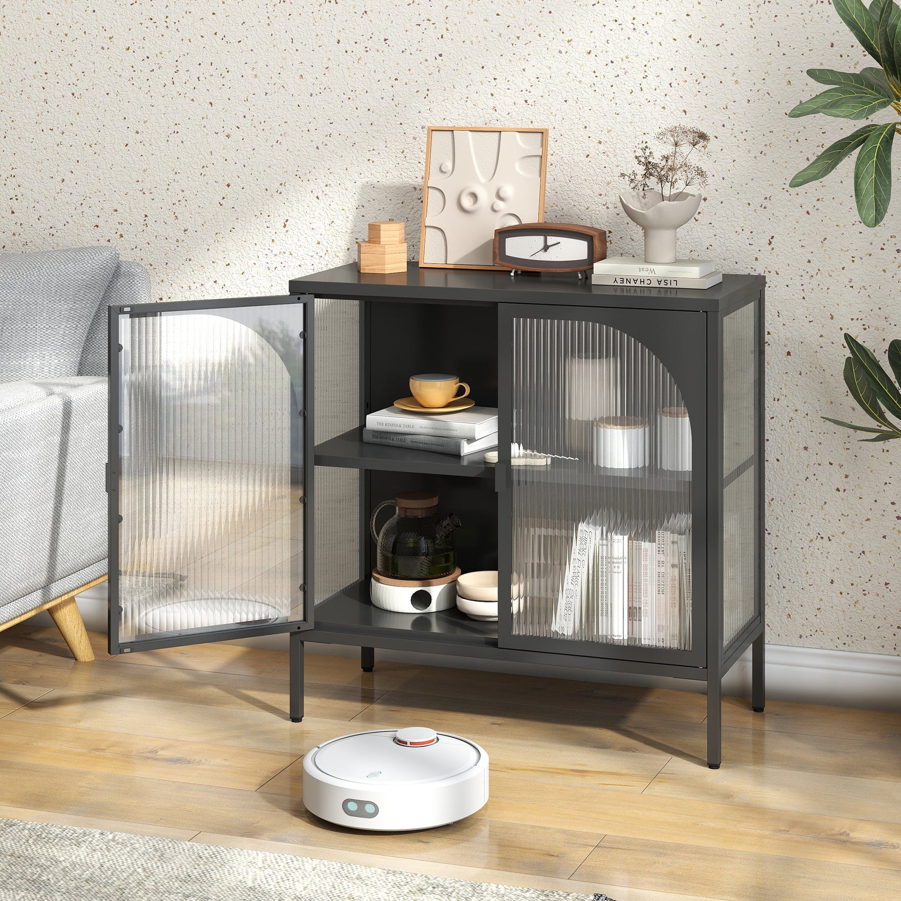 Metal Sideboard Cabinet, 2 Glass Doors Adjustable Shelves H80xW80xD35cm, Iron-Containing