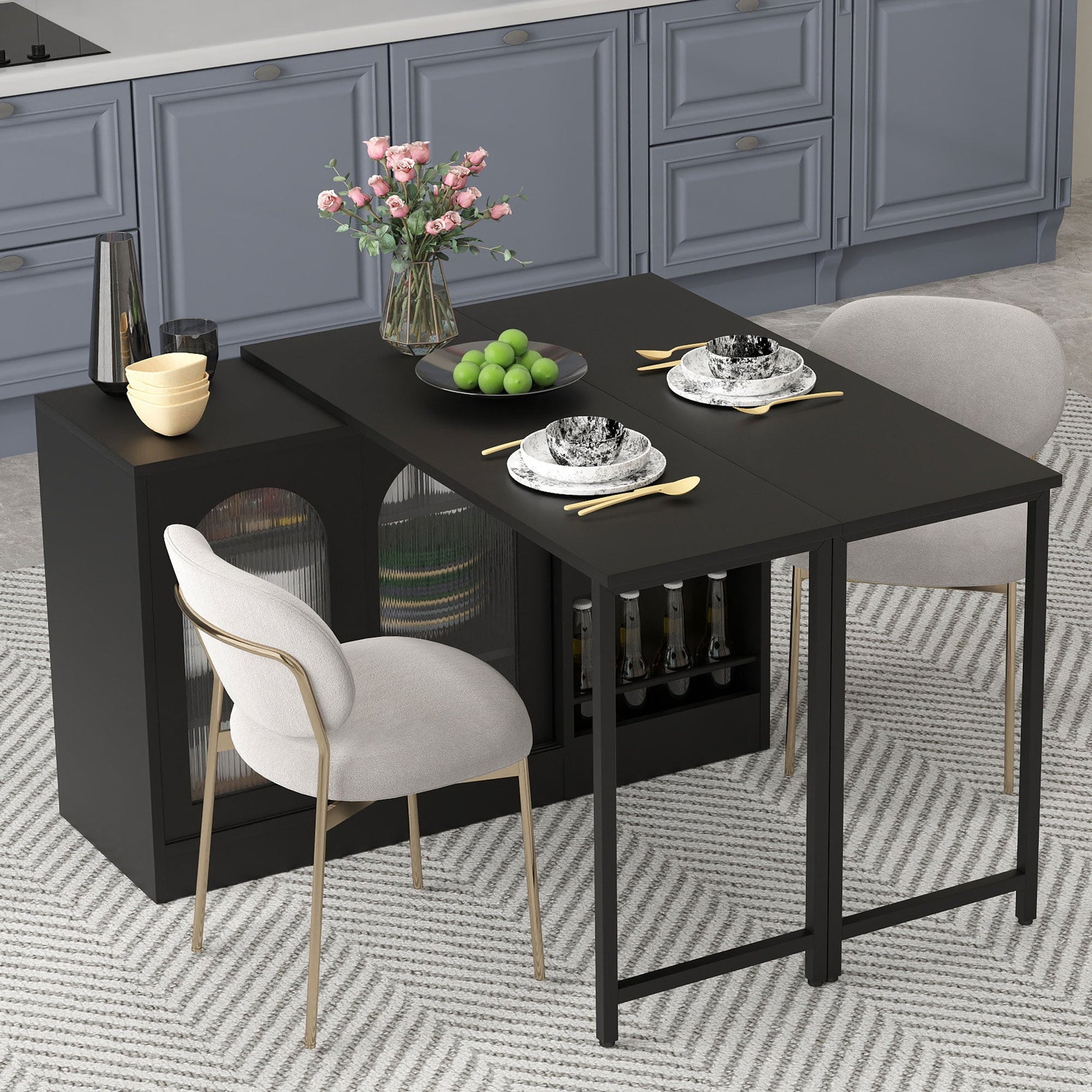 Bar Table, Extendable 360° Rotating with Storage & Glass Cabinet, Black
