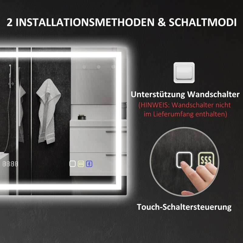 LED Bathroom Mirror 80x60 cm Bluetooth Anti-Fog Clock, Silver