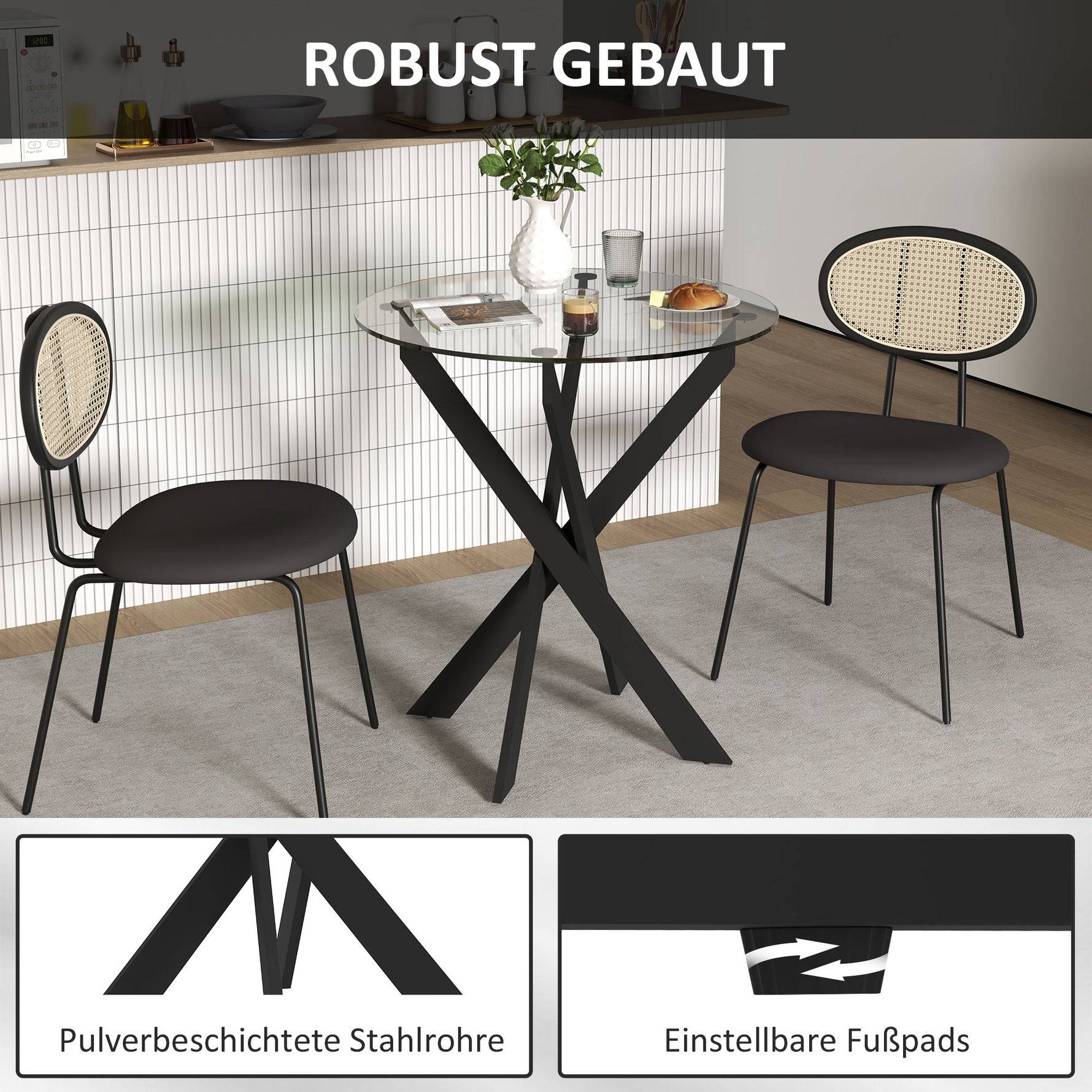 Dining Table, Round for 4 People, Steel Legs, Tempered Glass, Black + Transparent