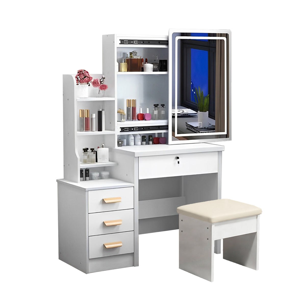 Dressing Table Set with 3-Color LED Mirror, Stool & 4 Drawers, White