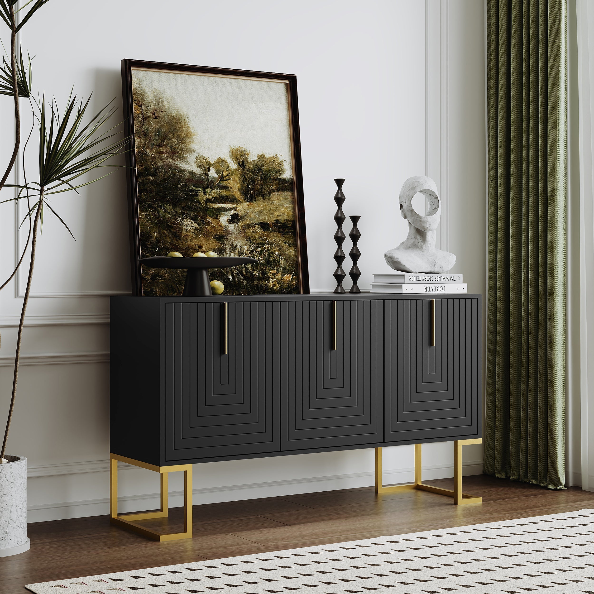 Sideboard, 3-Door with Adjustable Shelves & Metal Handles, Black