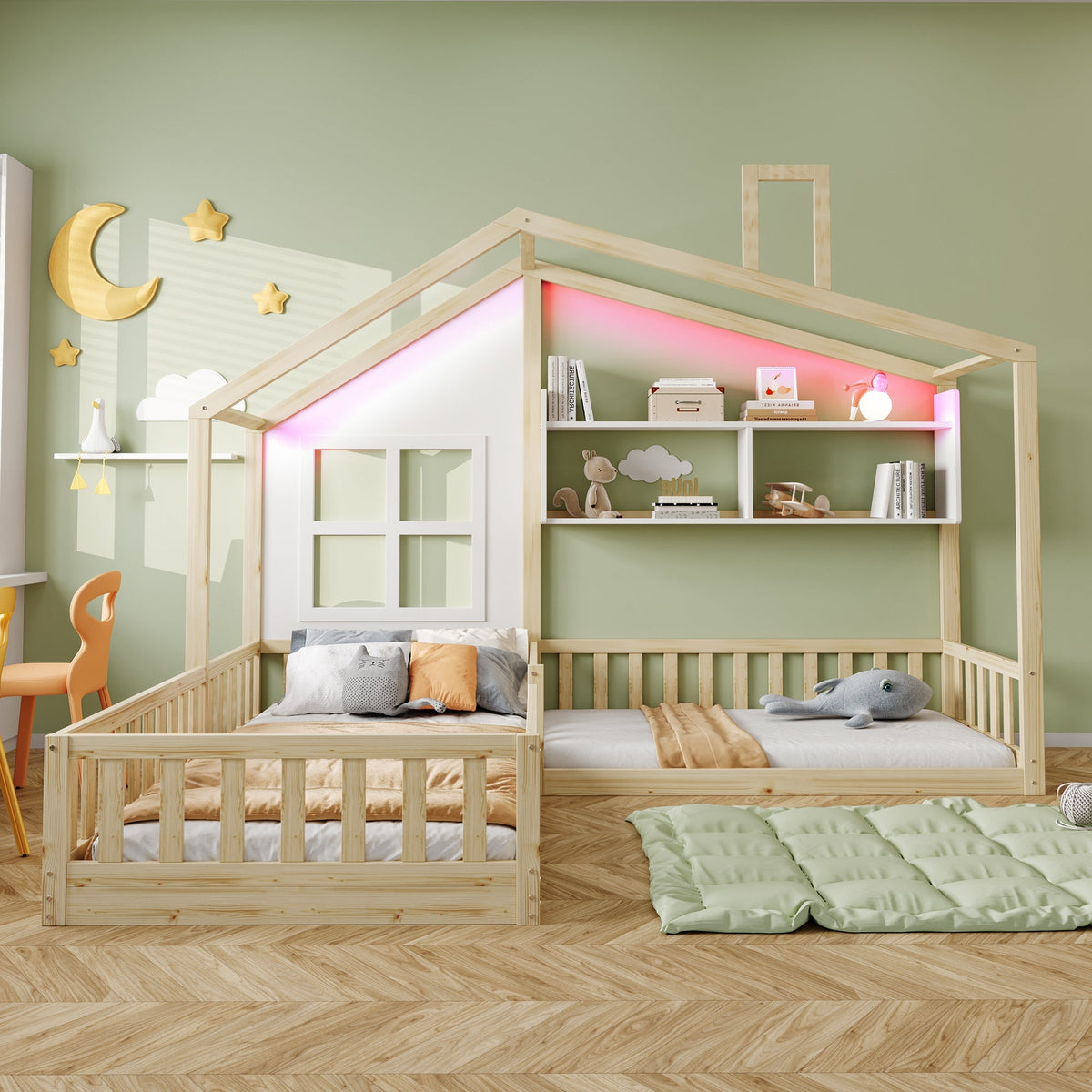 Children's Bed with Window, Shelves and LED Light Strip, Wood Color