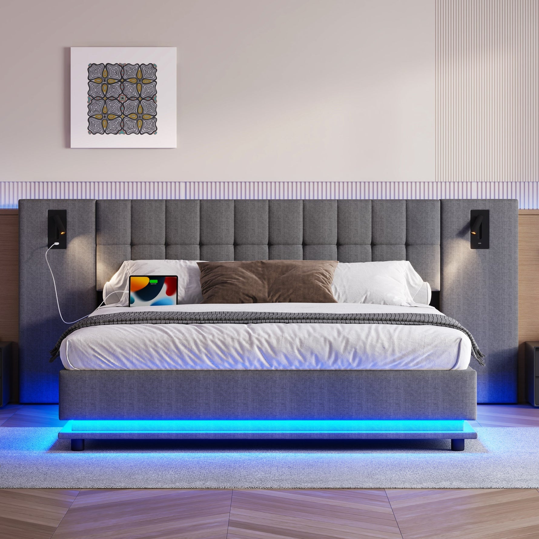 Upholstered Bed 180x200cm LED Spotlight USB Port - Linen Grey