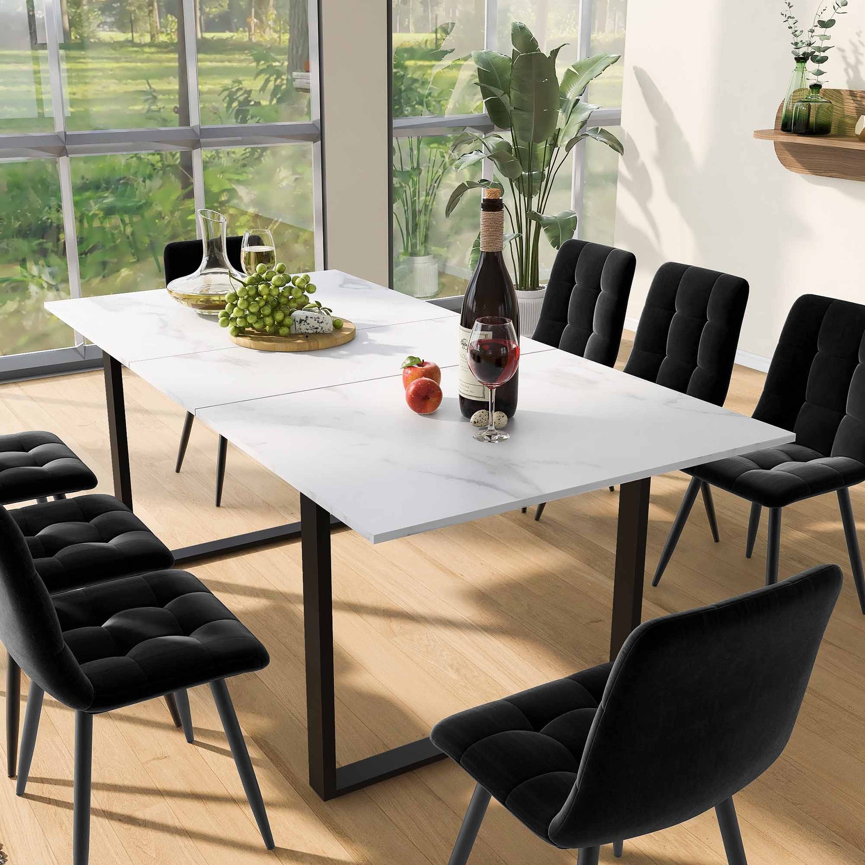 Dining Set Extendable Table 8 Black Velvet Chairs White/Black