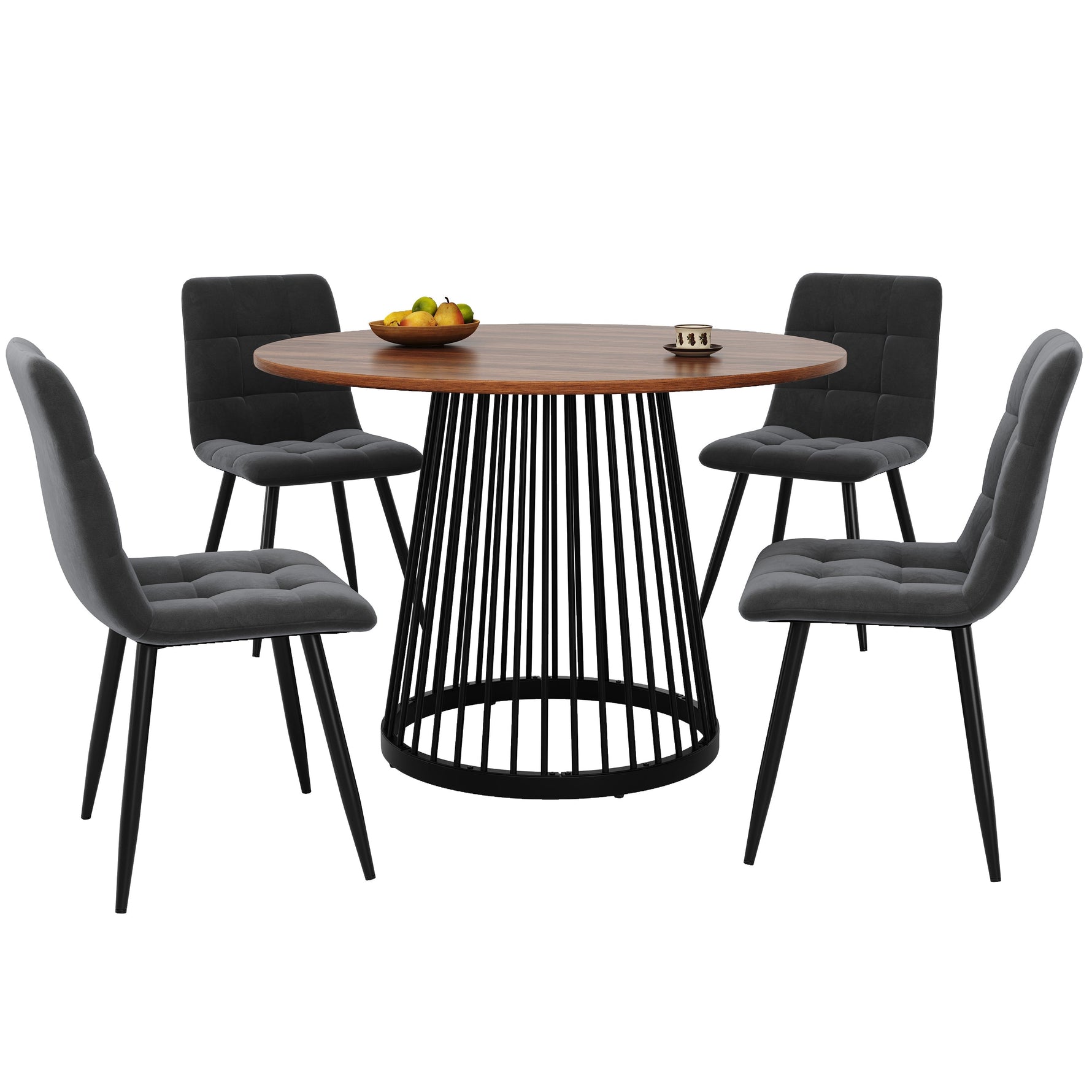 5-Piece Dining Table Set Round 80cm Kitchen Black Metal Walnut MDF/Velvet