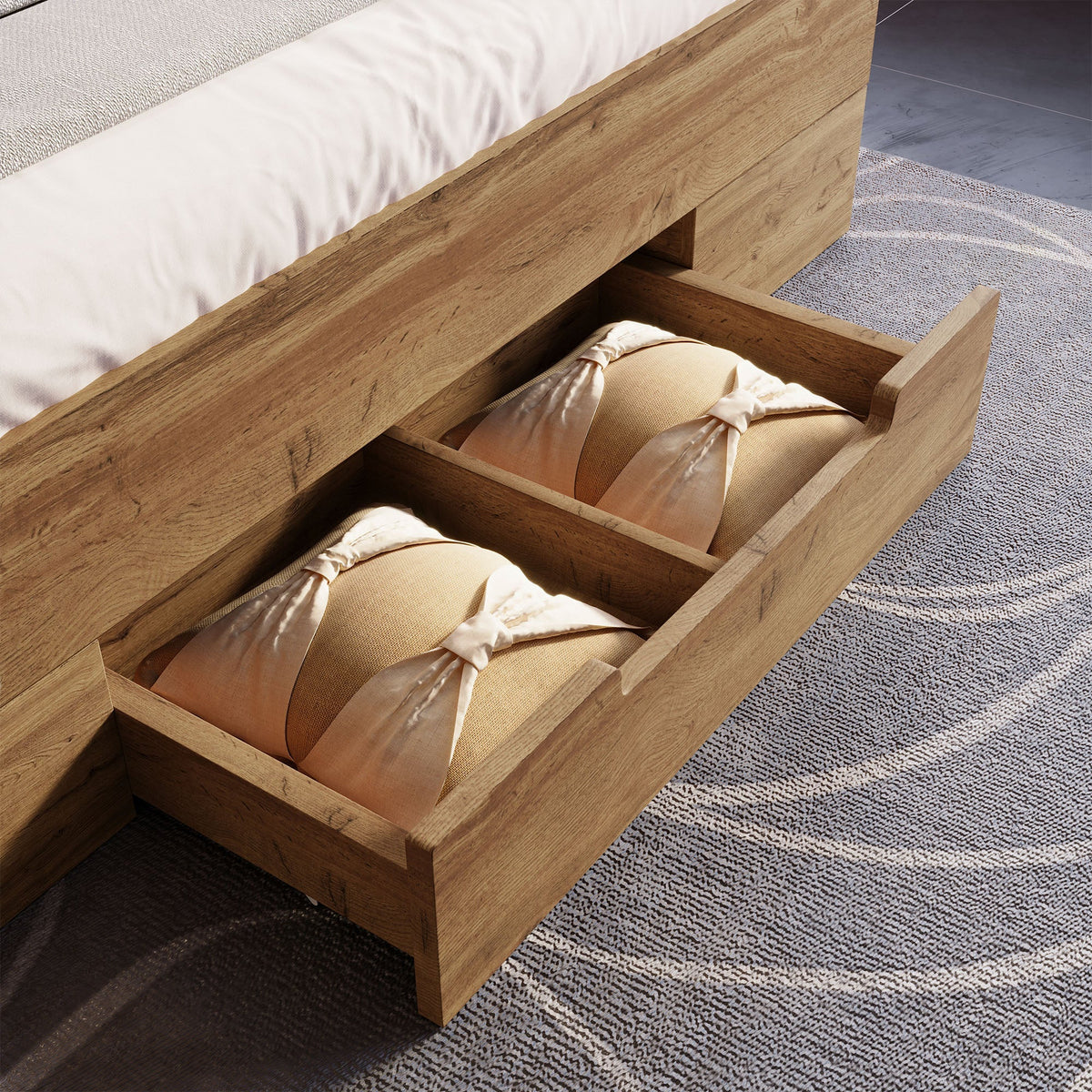 Double Bed 180x200cm Storage, LED, USB-C, Drawers, Wooden Slatted Base, Solid Wood Oak