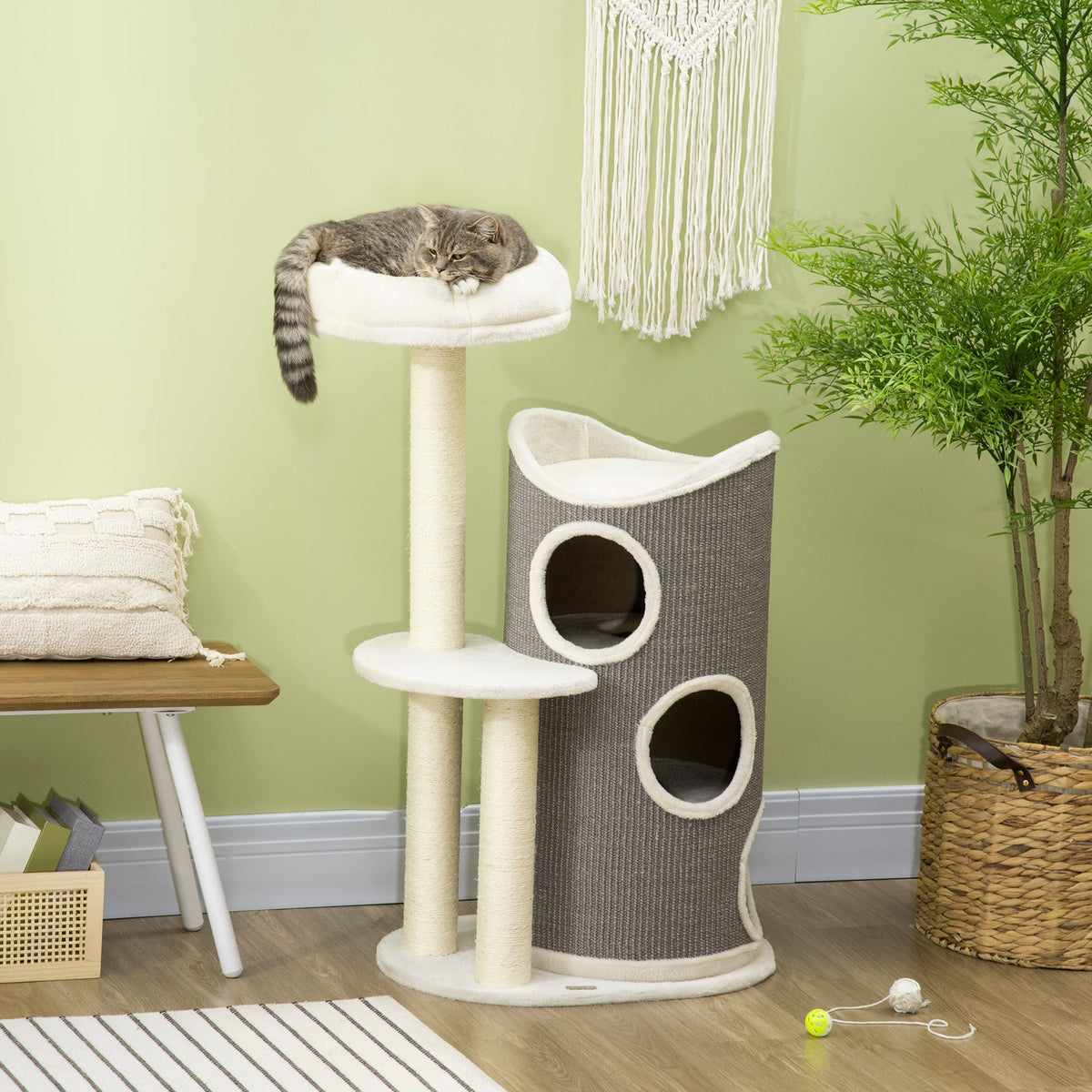 Cat Tree 109cm, Scratching Barrel & Bed, Sisal, White Grey