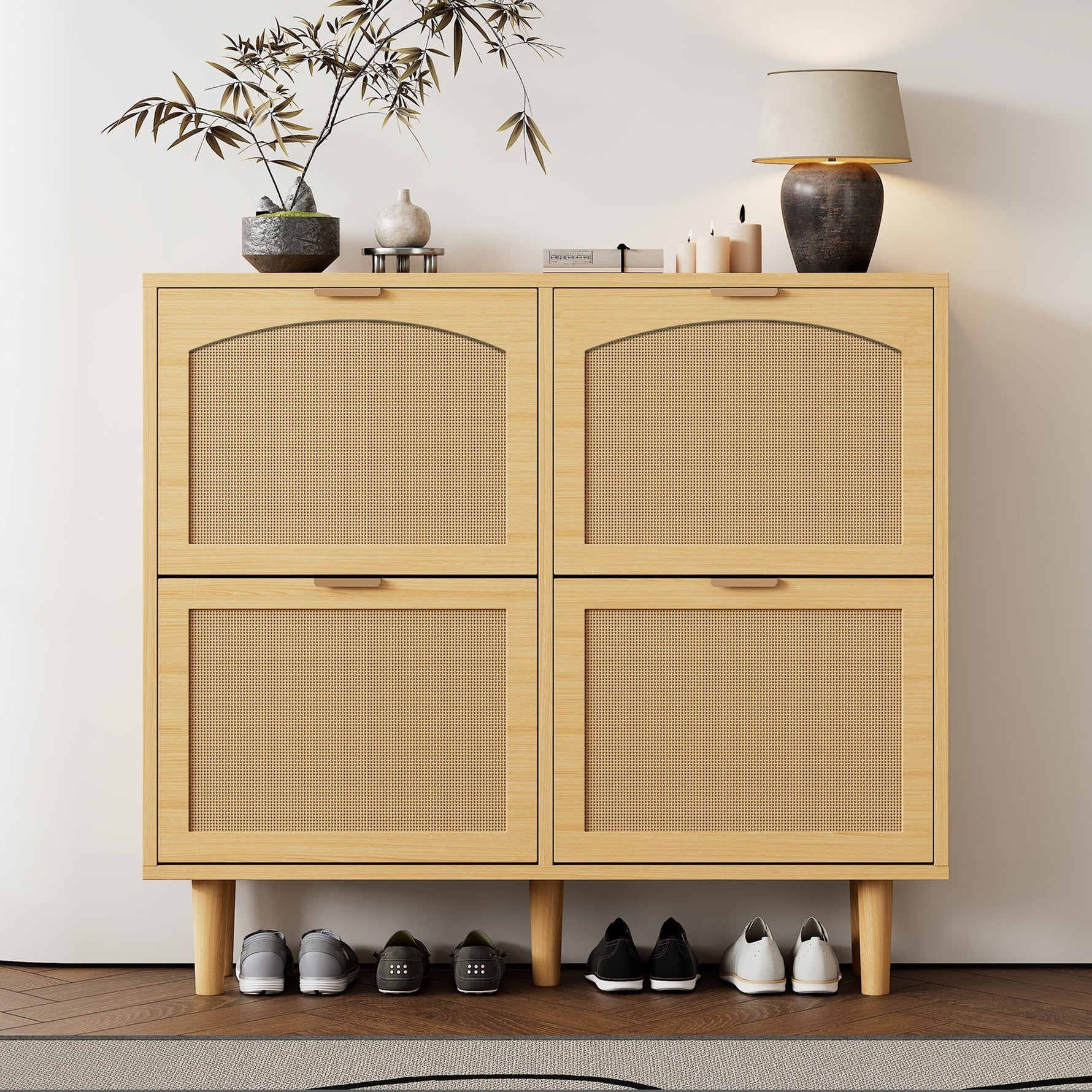 Shoe cabinet with 4 folding drawers, rattan and metal, wooden