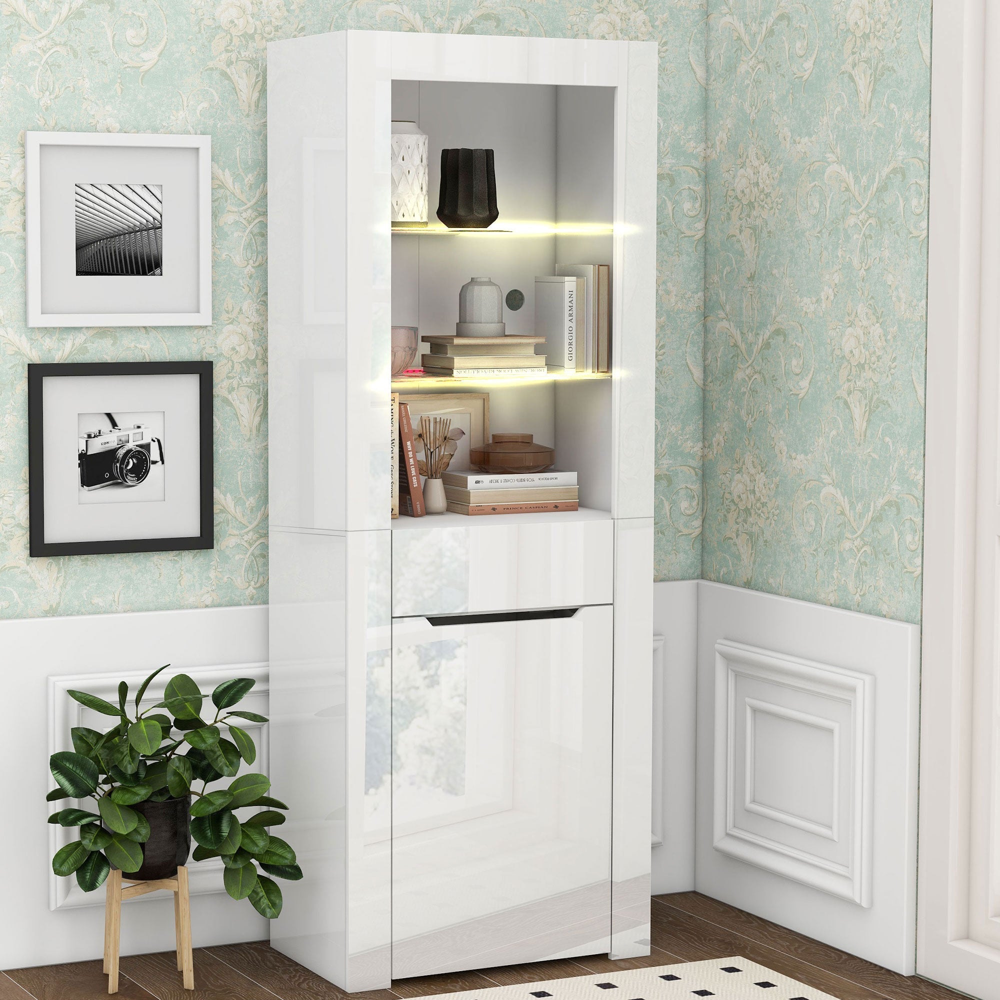 Display Cabinet with App LED Lights and Shelves, White