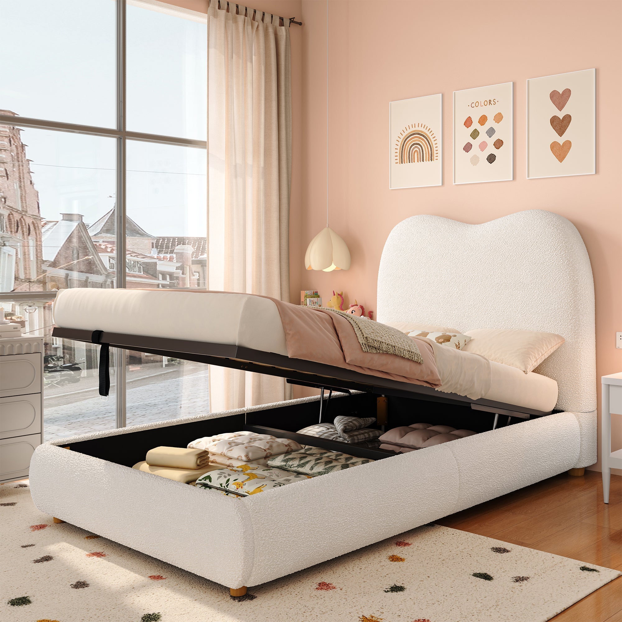 Upholstered Children's Single Bed with Hydraulic Storage and Slatted Frame, 90x200cm, Beige Bouclé