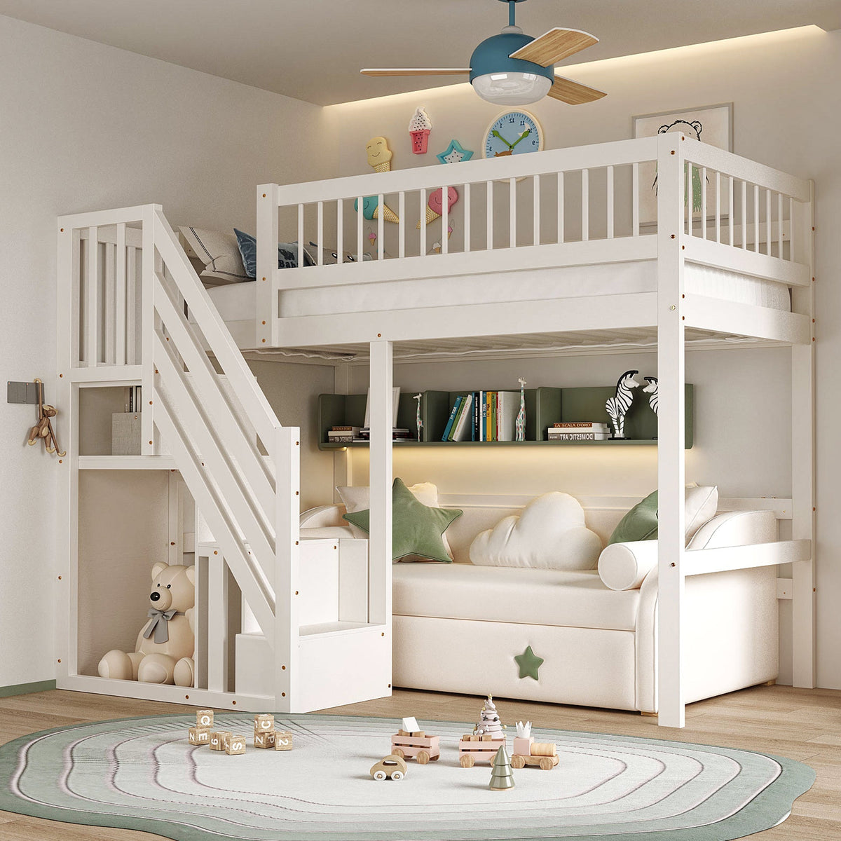 Solid Wood Bed 90*200, Storage Stairs, Children's Youth Single, White