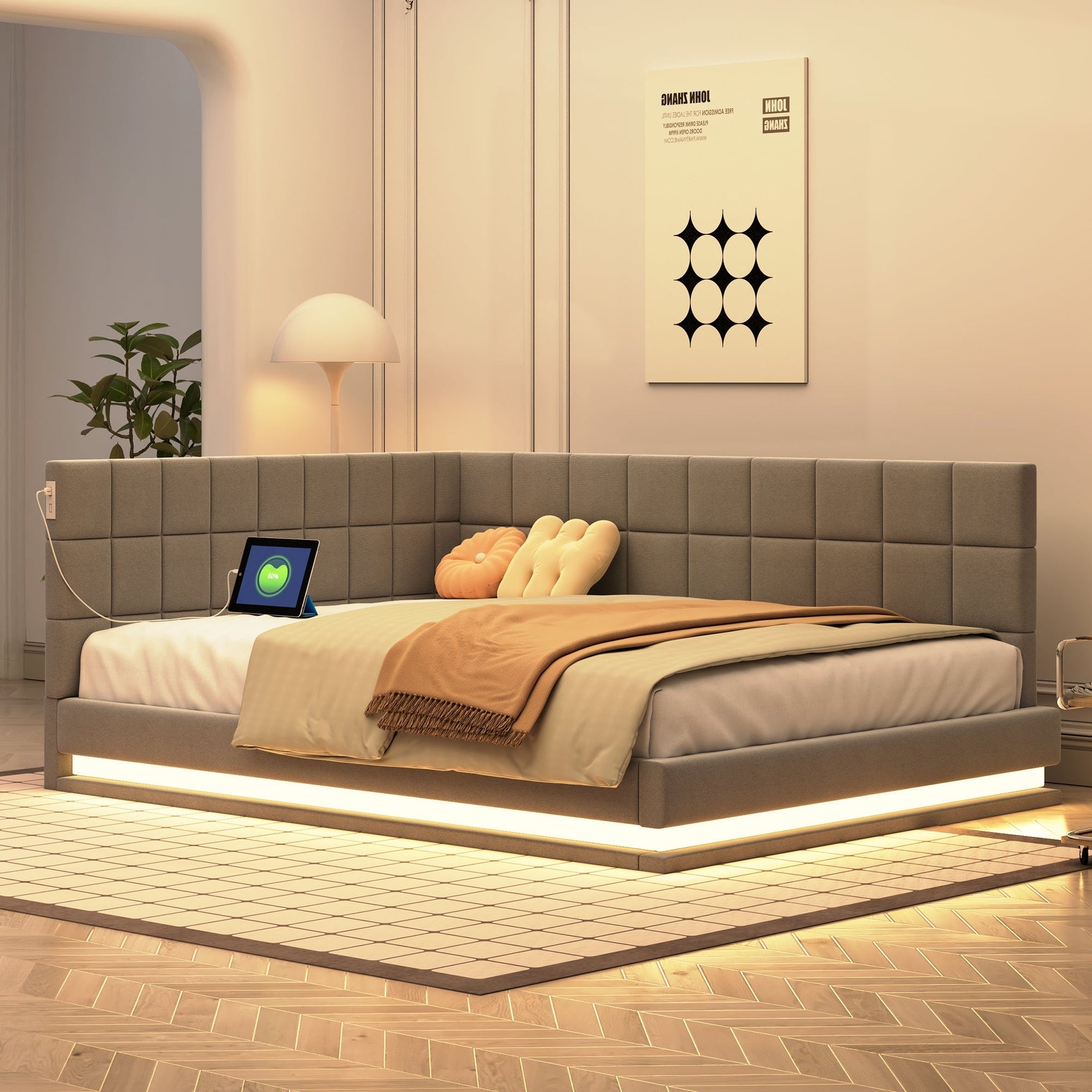 Upholstered Sofa Bed, 140x200 Multifunctional with LED & USB, Gray Velvet