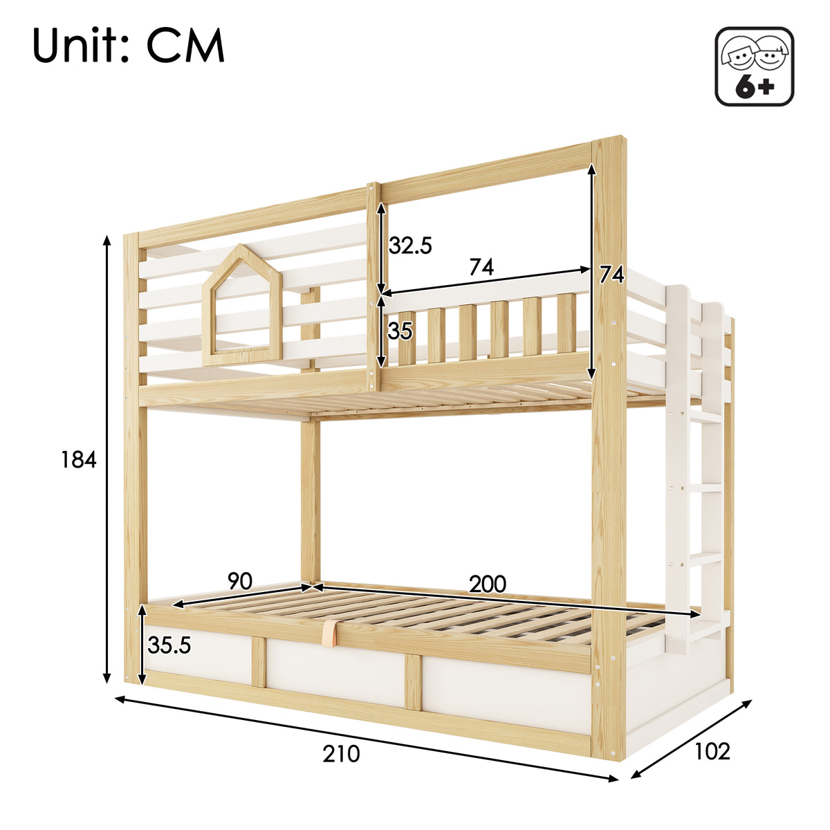 Children's Bunk Bed 90x200cm Cabin Storage, White & Natural Wood