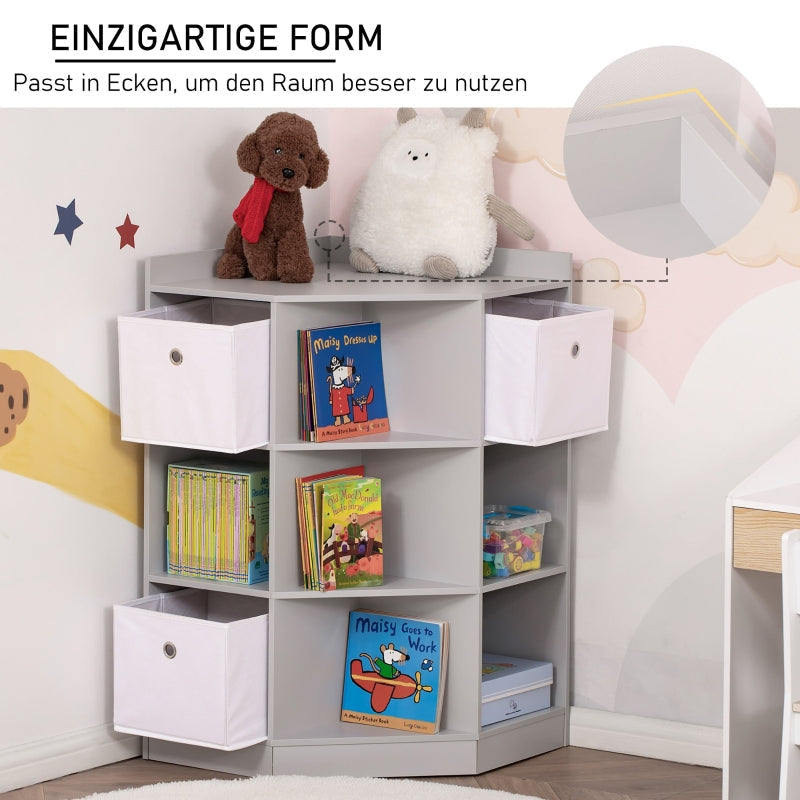 Children's corner shelf with 3 storage boxes, toy storage, gray