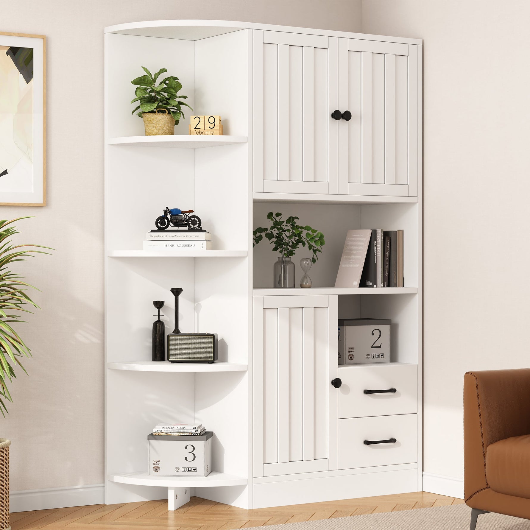 Corner Wardrobe Display Cabinet, 3 Cabinets 2 Drawers, 14 Storage Areas, 104x35x155cm, White